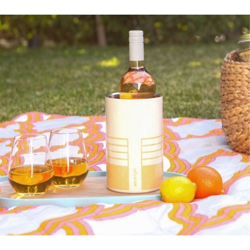 SOCIETY6 WINE CHILLER in CREAM AND PEACH STRIPE 7.6" Stainless Steel NEW retro